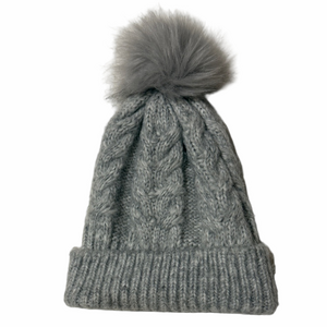 Cozy Grey Cable Knit Pom-Pom Hat